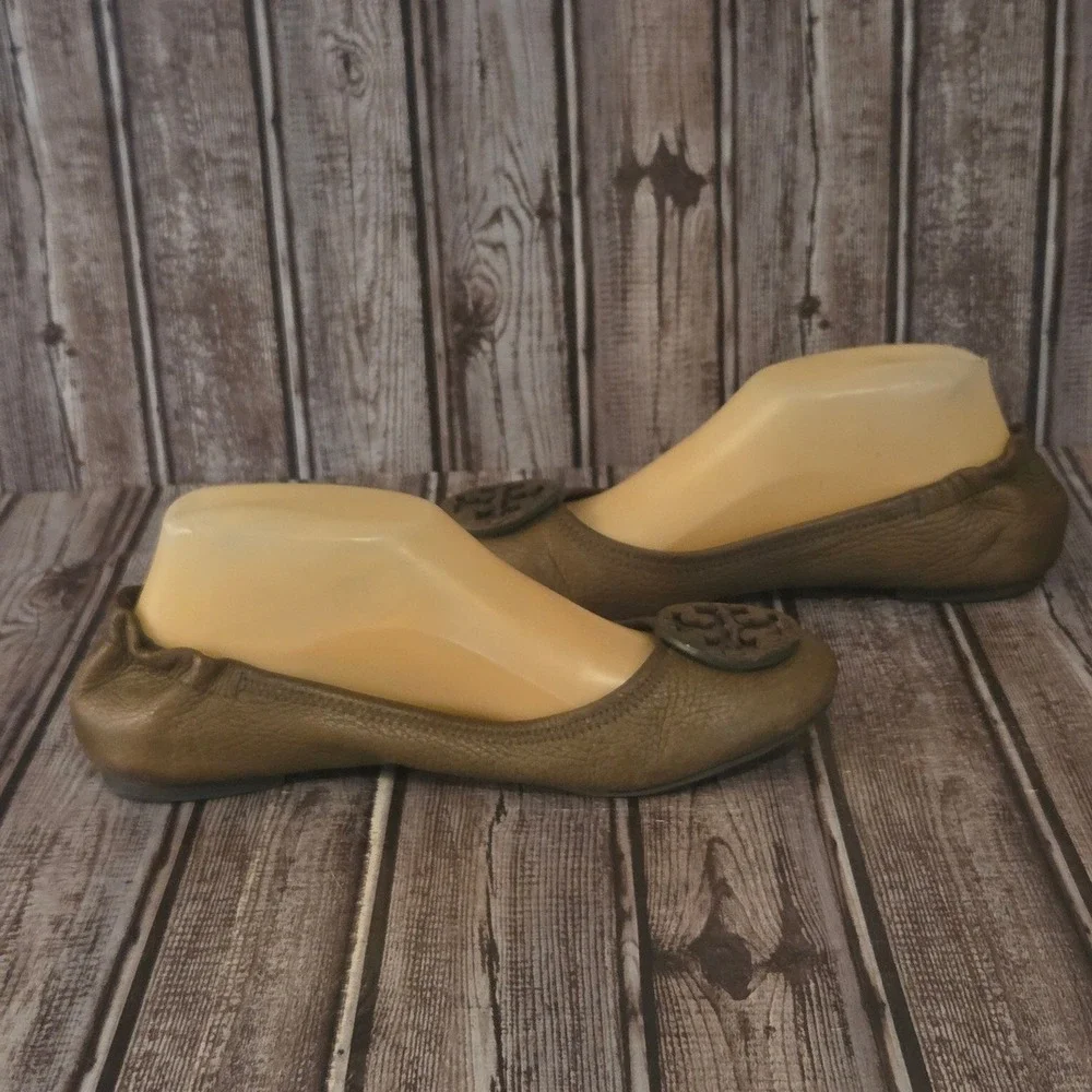 Sz 8 M Tory Burch Reva Olive Green Leather Comfort Ballet Flats Shoes VGUC